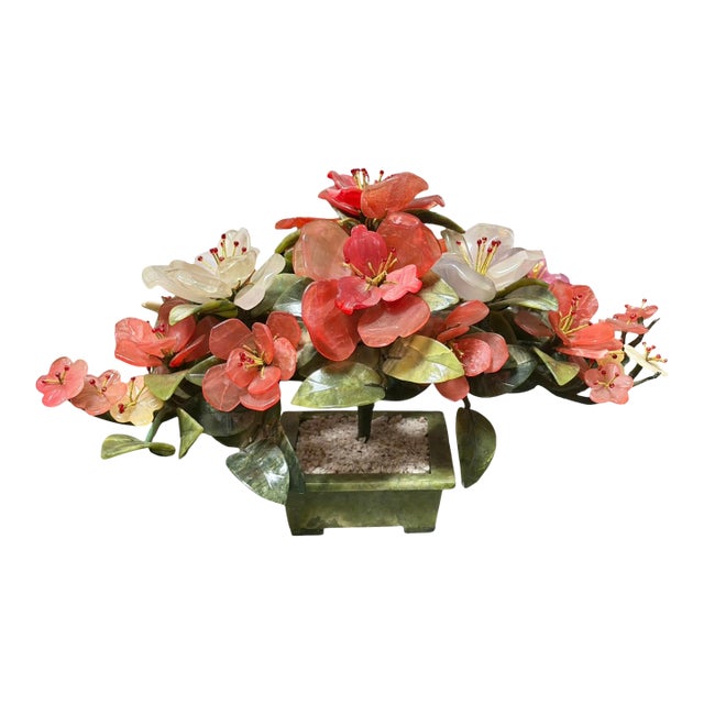 Chinese Jade Tree With Rose Quartz & White Carnelian Botanicals in Jade Planter For Sale