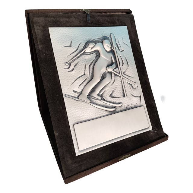 Vintage 925 Sterling Silver Sheet Slalom Skiing Trophy Plaque by Ottaviani, Italy, 1970s For Sale