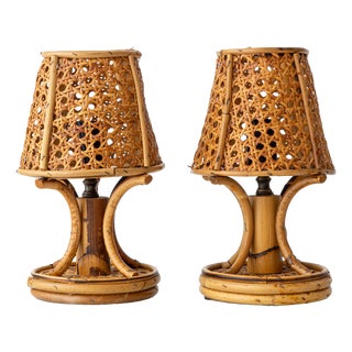 French Riviera Bamboo Rattan Table Lamps, 1960s, Set of 2 For Sale