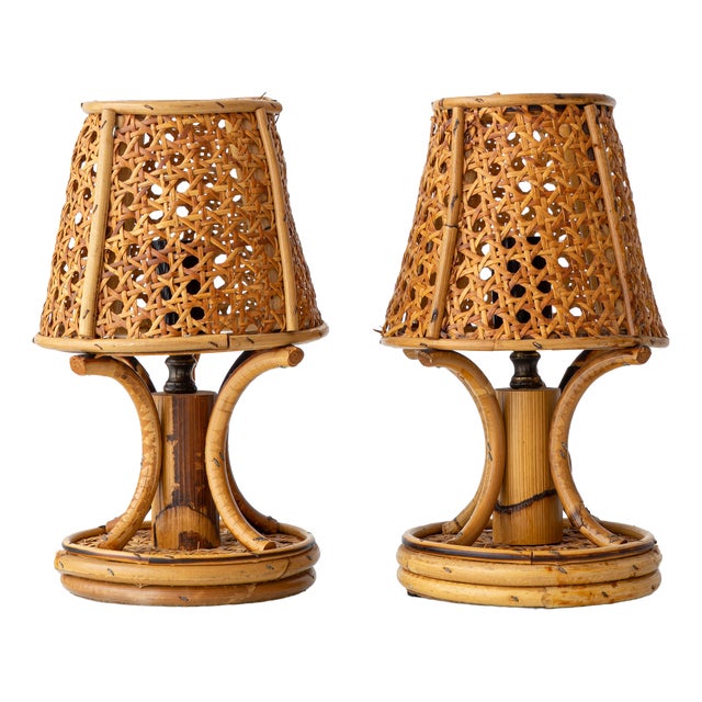 French Riviera Bamboo Rattan Table Lamps, 1960s, Set of 2 For Sale