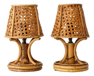 French Riviera Bamboo Rattan Table Lamps, 1960s, Set of 2