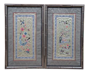 Mid 20th Century Chinese Gold Silk Embroidered Tapestry Landscapes Birds Flowers Framed - a Pair