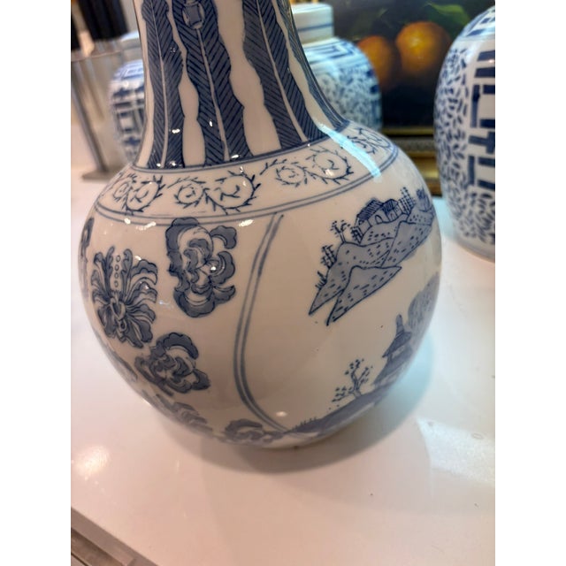 Chinoiserie Vintage Blue & White Chinese Porcelain Chinoiserie Vase With Pagoda Landscape Motifs For Sale - Image 3 of 13
