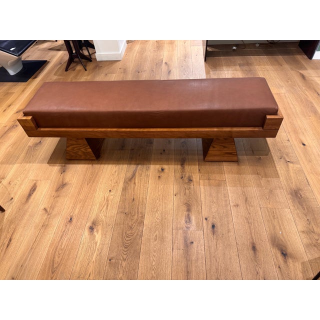 Large Geometric Oak Bench with Nappa Leather Upholstery, 1970s For Sale - Image 6 of 7