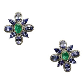 1990s Pair of Flower Motif Stud Earrings With Diamonds, Emeralds & Tanzanite Gemstones For Sale