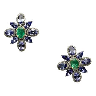 Pair of Flower Motif Stud Earrings With Diamonds, Emeralds & Tanzanite Gemstones For Sale