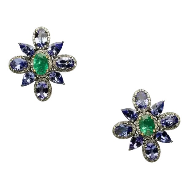 Pair of Flower Motif Stud Earrings With Diamonds, Emeralds & Tanzanite Gemstones For Sale