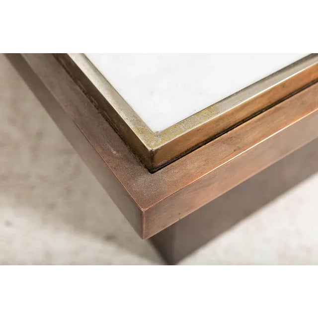 Antique circa 1950 Mid century Belgium chrome & bronze coffee table with Carrara marble top Measures: W 75 x D 55 x H 43 cm.