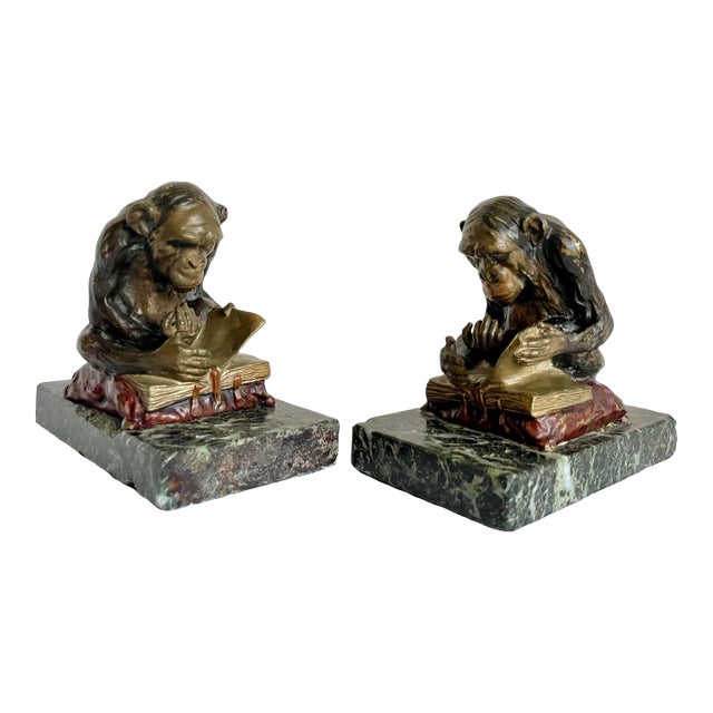 Vintage Bronze Reading Monkey Bookends on Green Marble For Sale