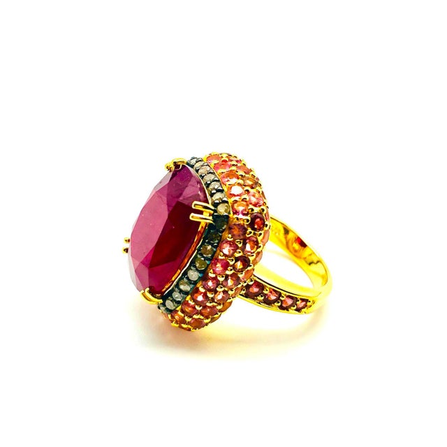Bochic "Orient" Vintage Ruby, Diamond & Pink Sapphire Ring Set 18K Gold & Silver For Sale - Image 9 of 18