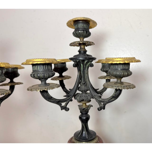 Pair Antique Ornate 1800's Patinated Gilt Bronze Marble Neoclassical Candelabras For Sale In New York - Image 6 of 14