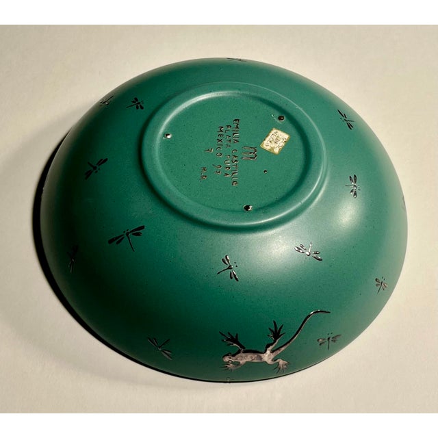 Emilia Castillo Green Ceramic Shallow Bowl Applied Sterling Silver Lizards & Dragonflies 7"d For Sale - Image 4 of 7