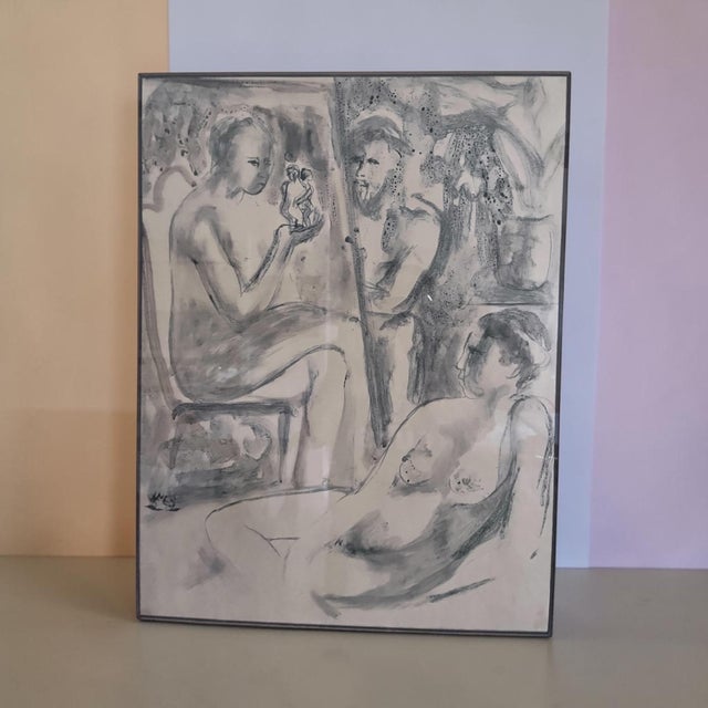 A striking original Mid-Century Modern figurative watercolor rendered in expressive monochromatic tones. This evocative...