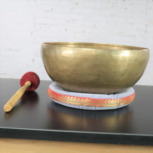 Vintage Singing Bowl or Standing Bowl Bronze Hand Made With Mallet on Pillow For Sale - Image 6 of 13