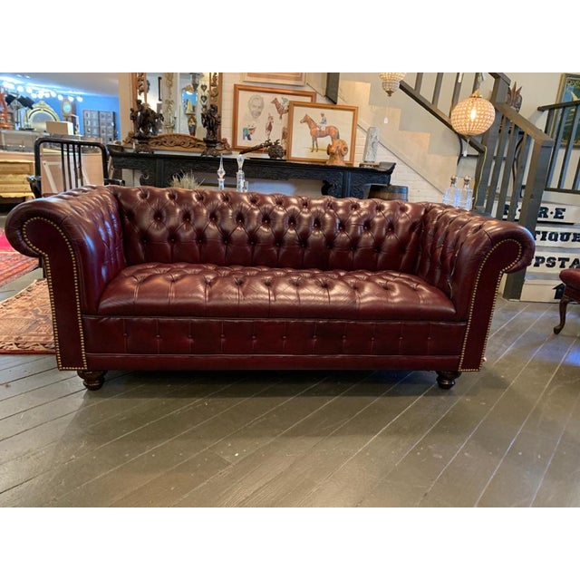 Vintage Mid Century English Oxblood Leather Chesterfield Tufted
