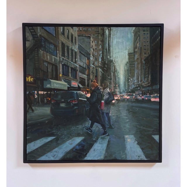 This oil on panel artwork captures a bustling urban scene, where pedestrians navigate a busy crosswalk amidst the blurred...