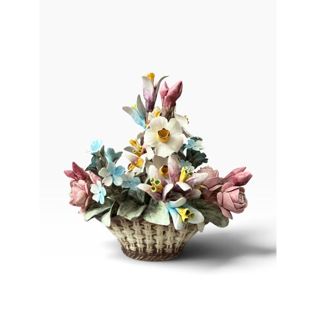 Italian Vintage Capodimonte Crown N Floral Basket Centerpiece, Italian Ceramic For Sale - Image 3 of 5