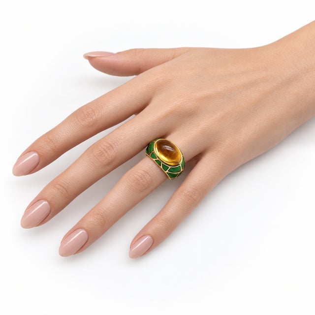 Vintage 18k Gold Citrine Cabochon and Green Enamel Roberto Legnazzi Ring, Size 7.25 For Sale - Image 13 of 13