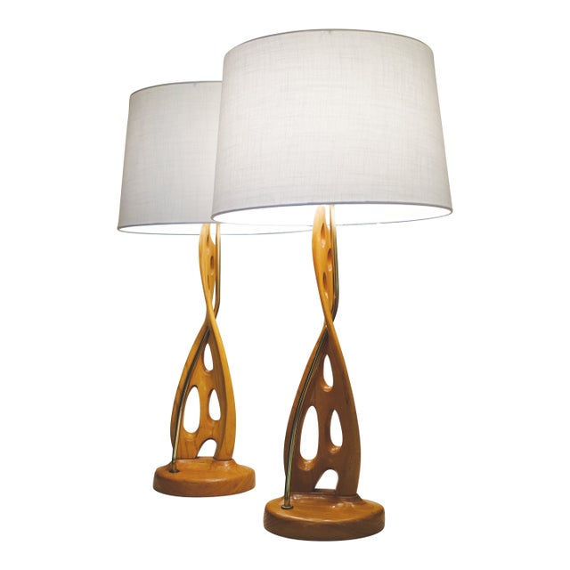 Large Pair of 1950s Danish Atomic Modern Ash Wood Organic Seaweed Table Lamps Attributed to Modeline For Sale