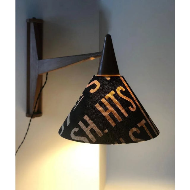 1950s Mid-Century Wooden Wall-Mounted & Rotatable Lamp with Shade in Andrew Martin Linen, 1950s For Sale - Image 5 of 15
