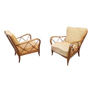 Armchairs in Wood and Yellow Fabric from Paolo Buffa, 1940s, Set of 2 For Sale
