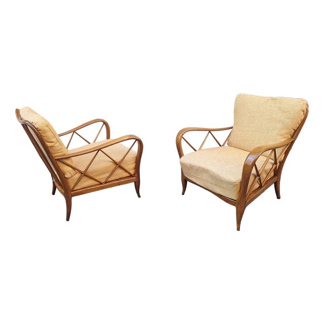 Armchairs in Wood and Yellow Fabric from Paolo Buffa, 1940s, Set of 2 For Sale