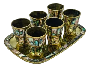 1950s Mid-Century Mexican Brass and Abalone Shell Shot Glass Set With Serving Tray