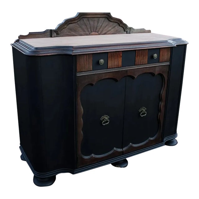 Antique Jacobean Buffet Matte Black Wood Sideboard For Sale