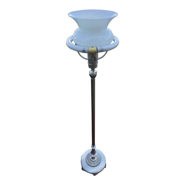 Rare machine age silver enamel art deco 3-arm torchiere floor lamp with fluorescent ring light and spit-tune milk glass...