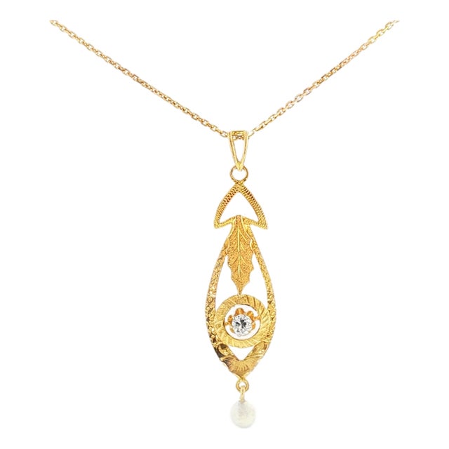 19th Century Victorian 9k Old Mine Cut Diamond and Natural Pearl Hand-Engraved Lavalier For Sale
