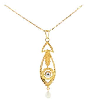 19th Century Victorian 9k Old Mine Cut Diamond and Natural Pearl Hand-Engraved Lavalier