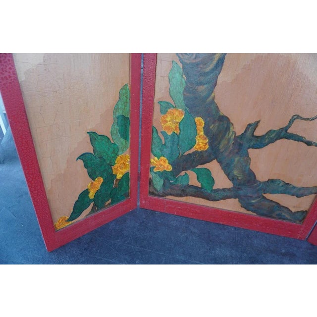 Scarlet Mid 20th Century Lurabee Parrot Painting on Tri-Fold Screen For Sale - Image 8 of 10