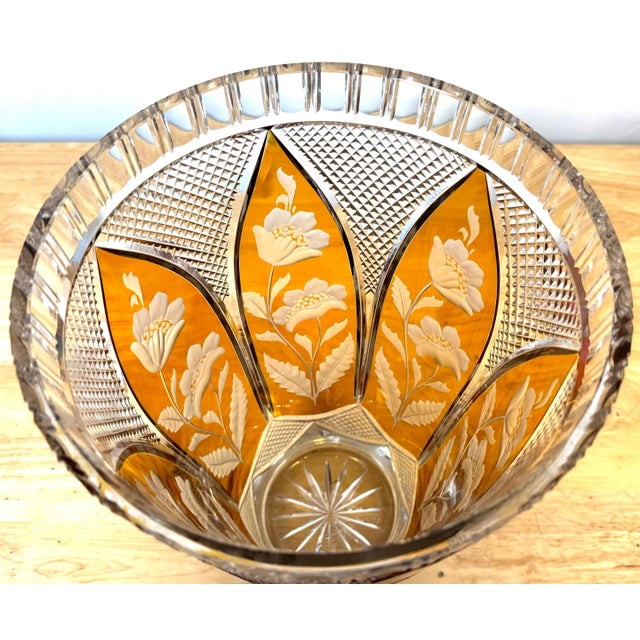 Magnificent Bohemian Engraved Citrine Cut to Clear Floral Vase Bohemia, Czech Republic, Post WWII Circa 1950 A stunning...