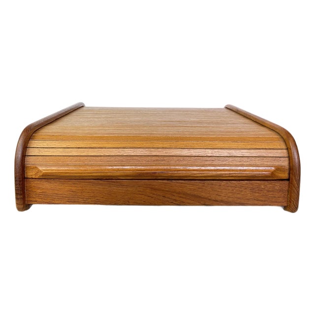 Vintage Teak Tambour Roll-Top Storage Box, Danish Modern Style For Sale