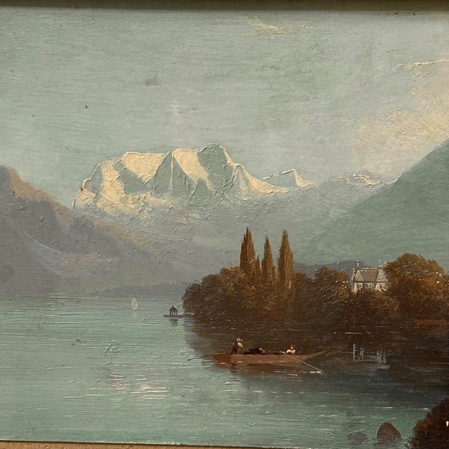 Antique Continental Mountainous Riverscape With Island and Boat, Oil on Board For Sale - Image 4 of 10