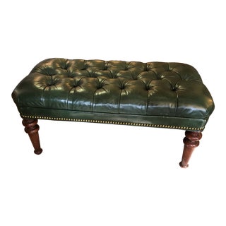Traditional Dark Green Leather Tufted Bench Ottoman For Sale
