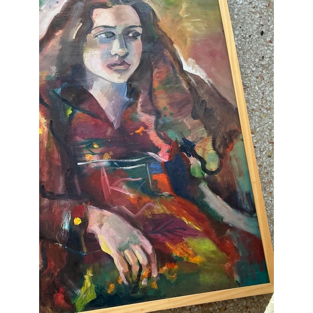 Wood Vintage Boho Original Oil Portrait on Canvas For Sale - Image 7 of 11