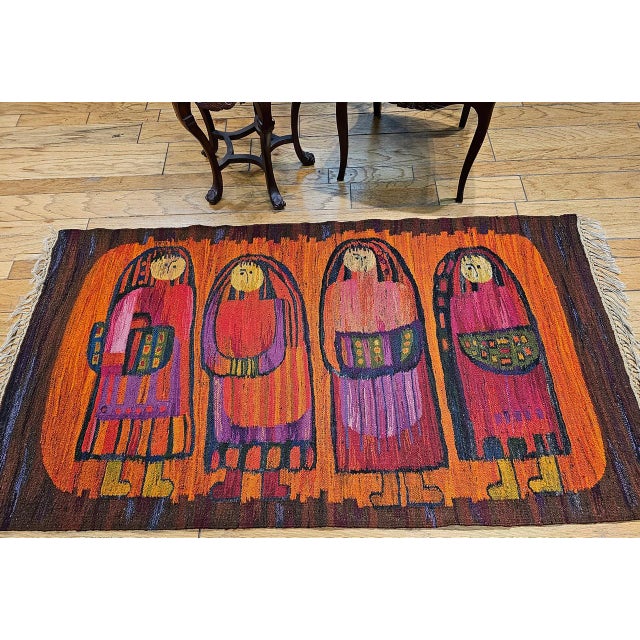 Vintage Mid-Century Tapestry, Handwoven Wool, Folkloric Schoolgirls Design, Crimson & Yellow, 38” X 70” For Sale - Image 10 of 11