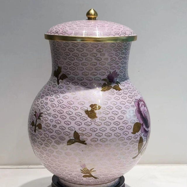 Traditional Vintage Cloisonné Enamel Pale Pink Rose Lidded Ginger Jar For Sale - Image 3 of 8