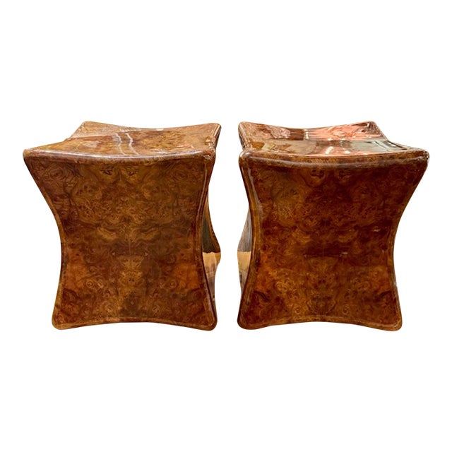 Pair of Burl Walnut Wood Stools For Sale