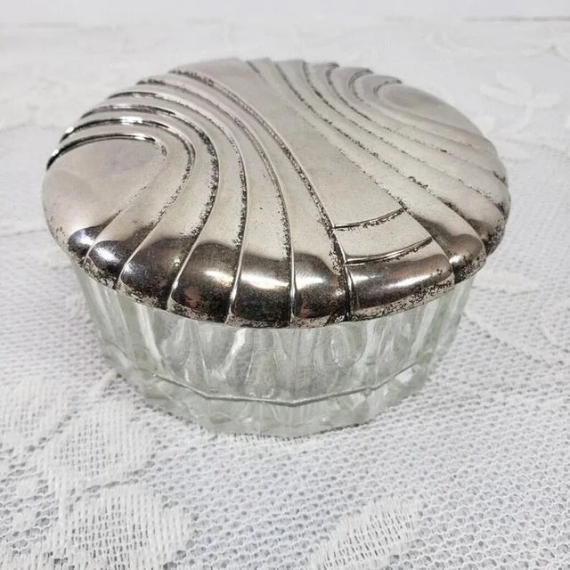 Vintage 1980s Art Deco Silver & Crystal Powder Puff Jar For Sale - Image 10 of 11