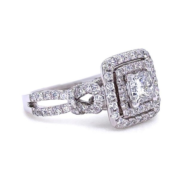 Contemporary 18ct White Gold Princess Cut Diamond Halo Ring, Size 5.25 For Sale - Image 3 of 11