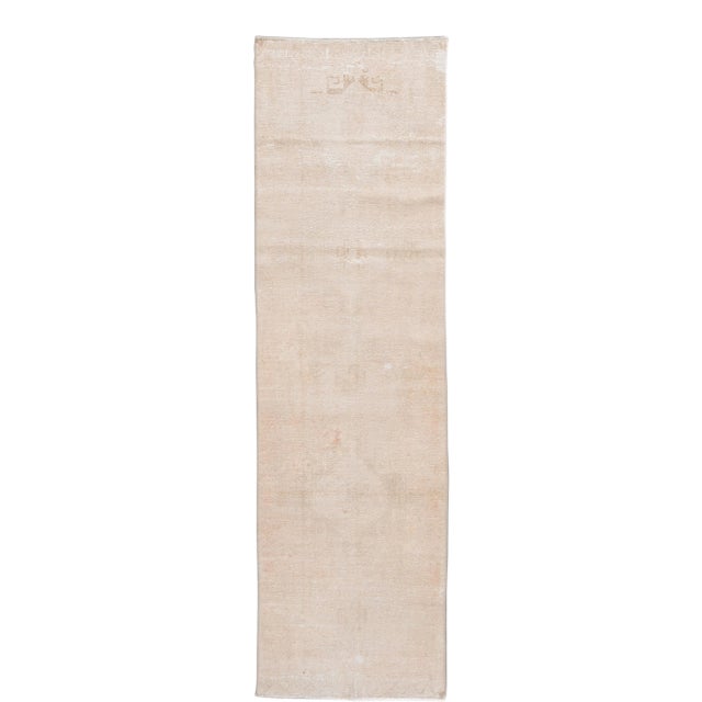 1960s Vintage Shabby Chic Turkish Handmade Beige Wool Runner For Sale