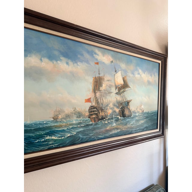 1950s J. Harvey Naval Battle Maritime Oil on Canvas Painting For Sale - Image 4 of 12