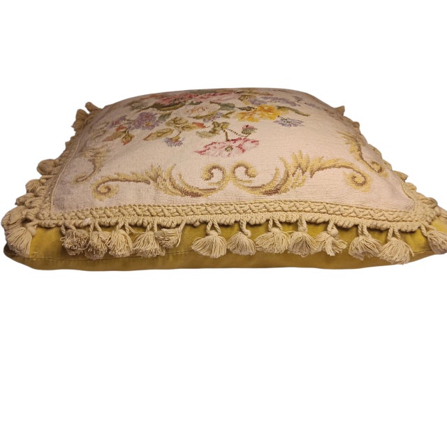 Shabby Chic Vintage Petit Point Needlepoint Multicolor Floral Pillow With Feather Insert For Sale - Image 3 of 17