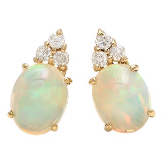 Natural Opal, Emerald, & Diamond Earring in 14k Gold For Sale