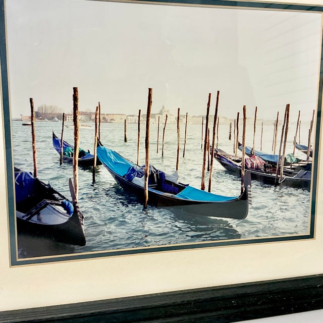 1980s Vintage Italian Coastal Venus Blue Gondola at Dock Framed Photography. For Sale - Image 9 of 13