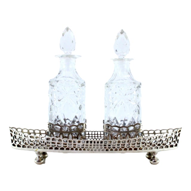 Perfume Bottles in Cut Glass with Silver Frame and Ship Grid, Set of 3 For Sale