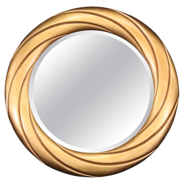 Glass Large Beveled Circular Wall Mirror in Gold For Sale - Image 7 of 7