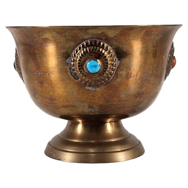 Vintage Tibetan Jeweled Bronze Butter Lamp – Buddhist Temple Offering Vessel For Sale - Image 4 of 10